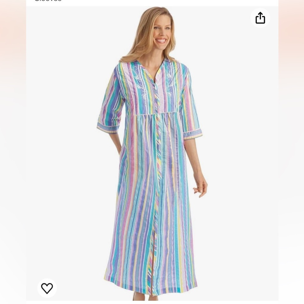 Pastel Striped Lounger with Zip Front and 3/4" Long Sleeves Boho Sleep Dress